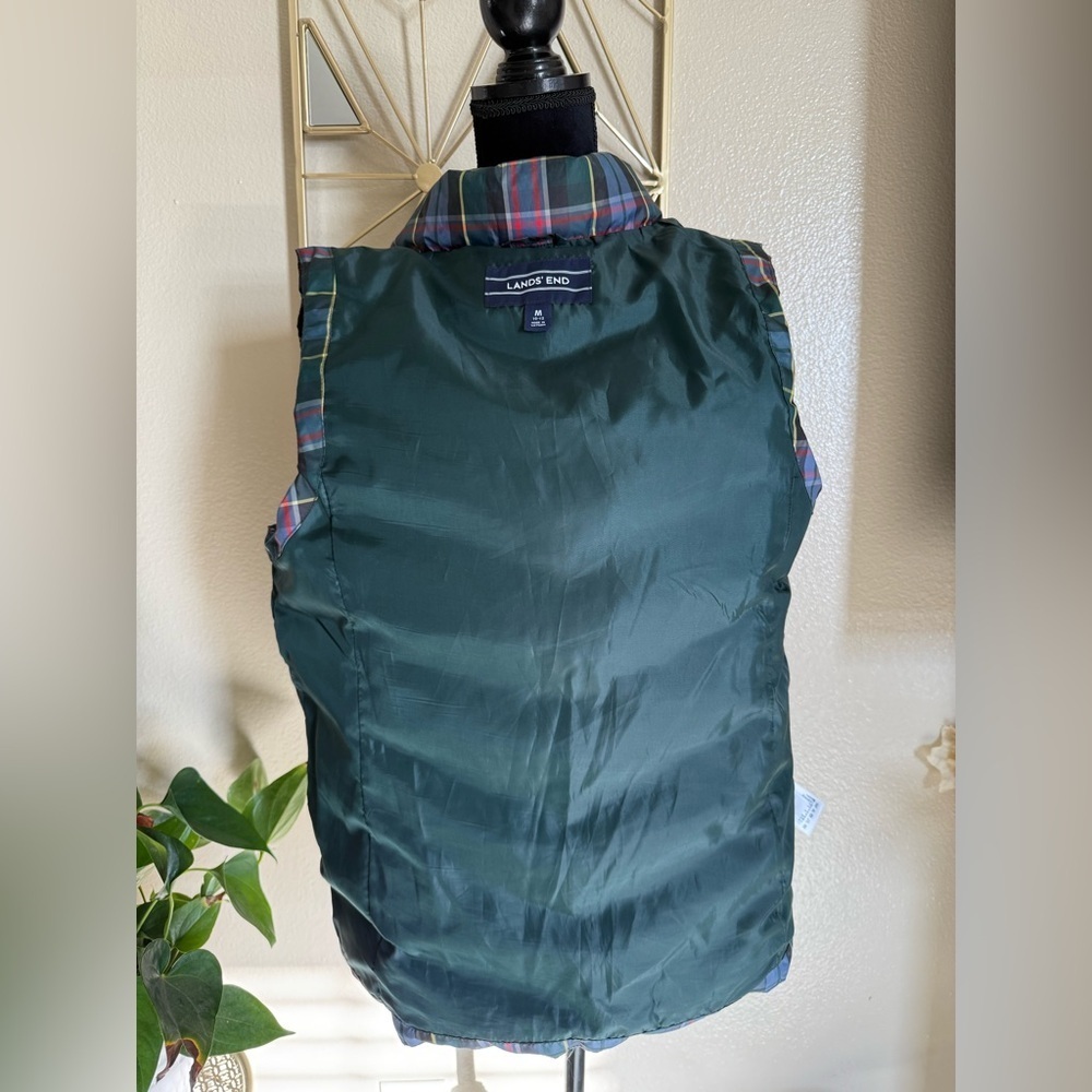 Lands’ End Down Puffer Vest Plaid Green Blue Women’s M Medium 10-12 Zip Winter - Picture 5 of 6